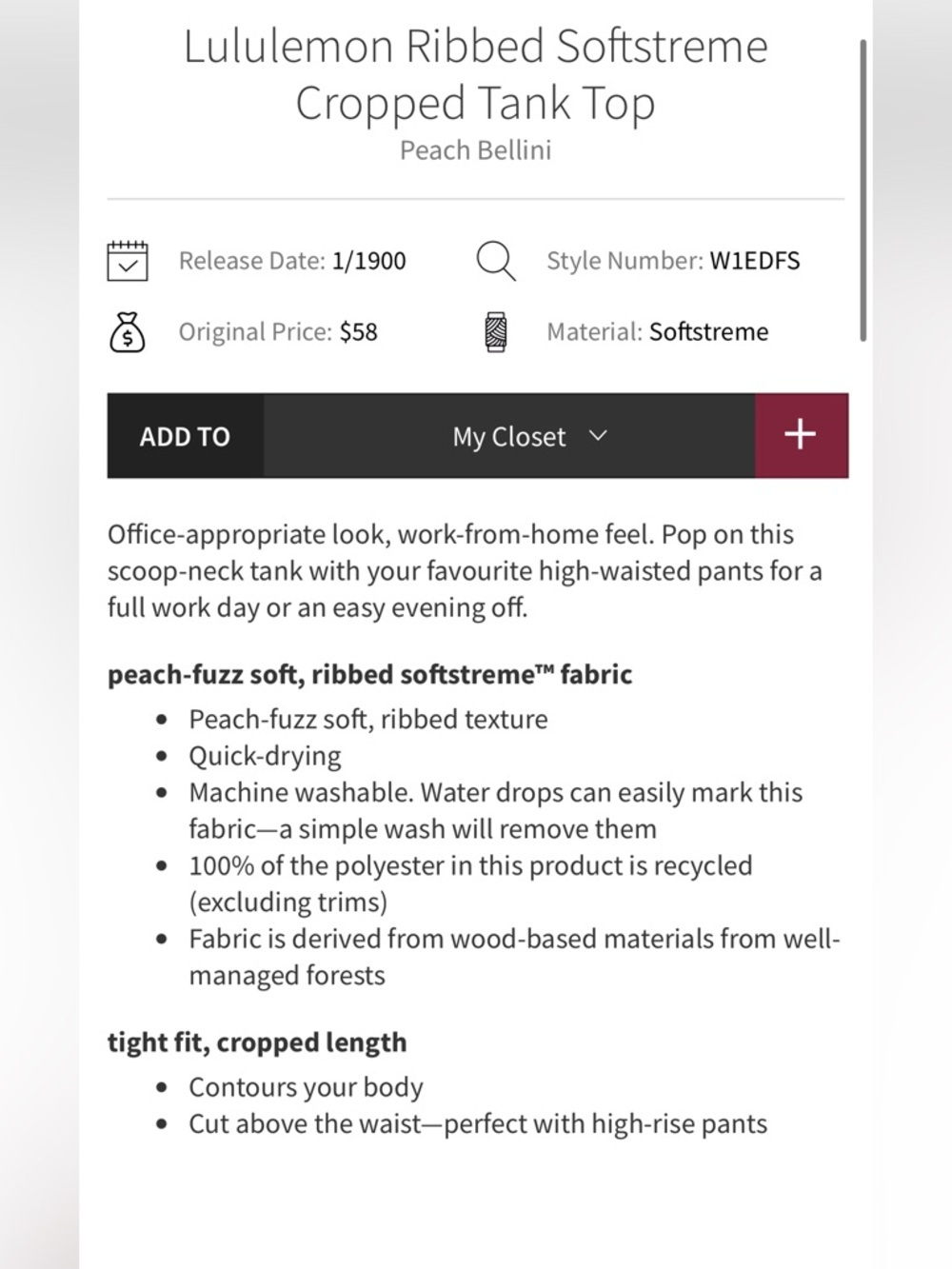 Lululemon Ribbed Softstreme Cropped Tank Top - Picture 6 of 6
